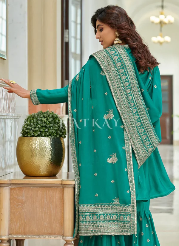 Turquoise Embroidered Traditional Festive Gharara Suit