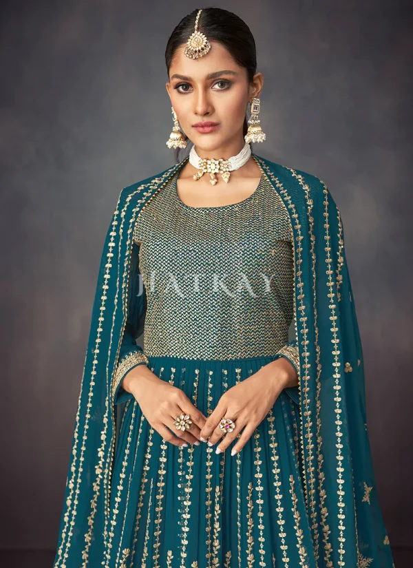 Turquoise Golden Embroidered Sharara Style Suit