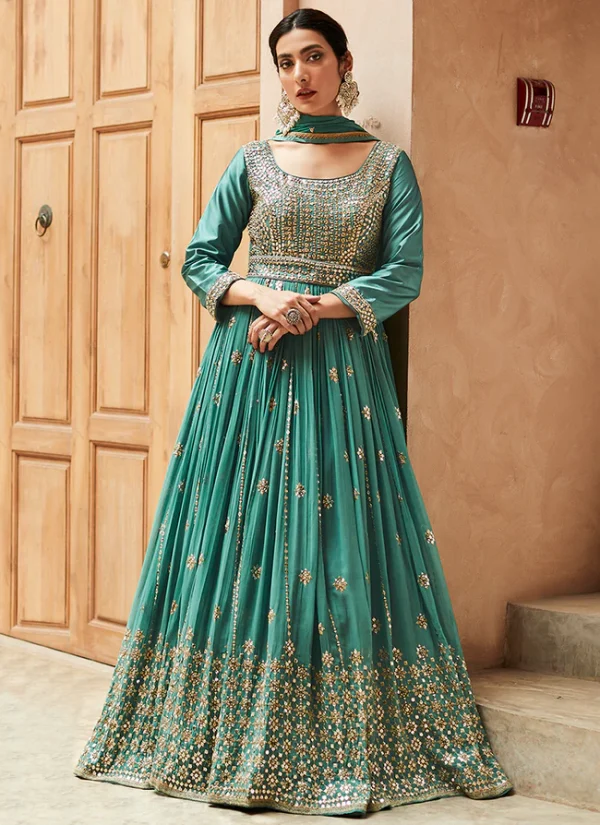 Turquoise Mirror Embroidery Georgette Anarkali Suit