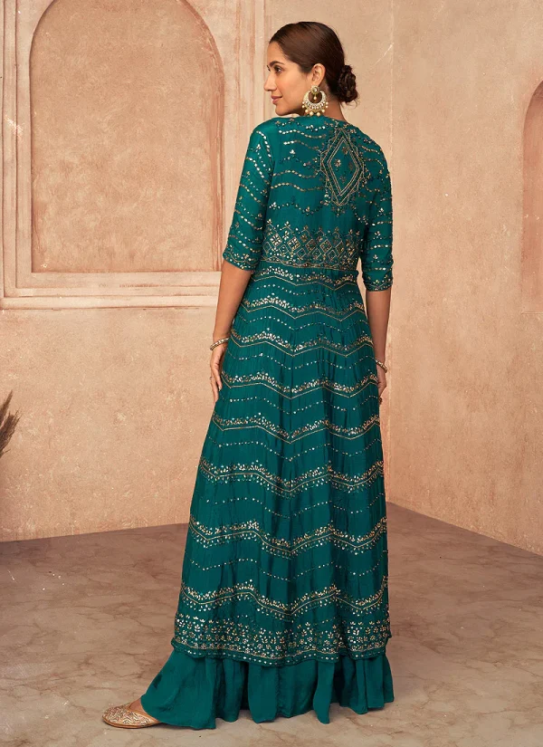 Turquoise Mirror Embroidery Jacket Style Traditional Lehenga Choli