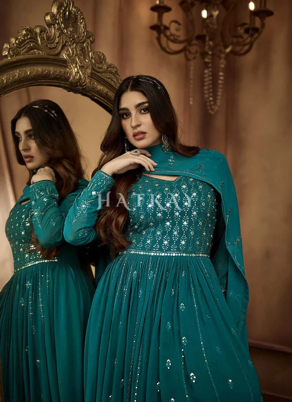 Turquoise Mirror Work Embroidered Traditional Anarkali Suit