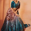 Turquoise Mirror Work Embroidery Shaded Velvet Lehenga Choli