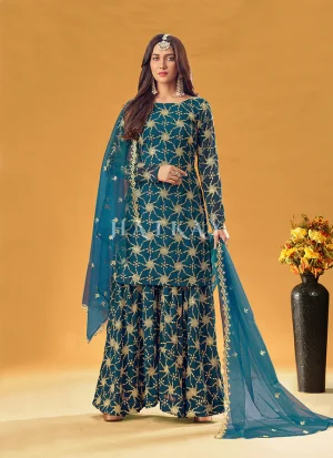 Turquoise Sequence Embroidered Sharara Suit