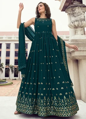 Turquoise Sequence Embroidery Wedding Anarkali Gown