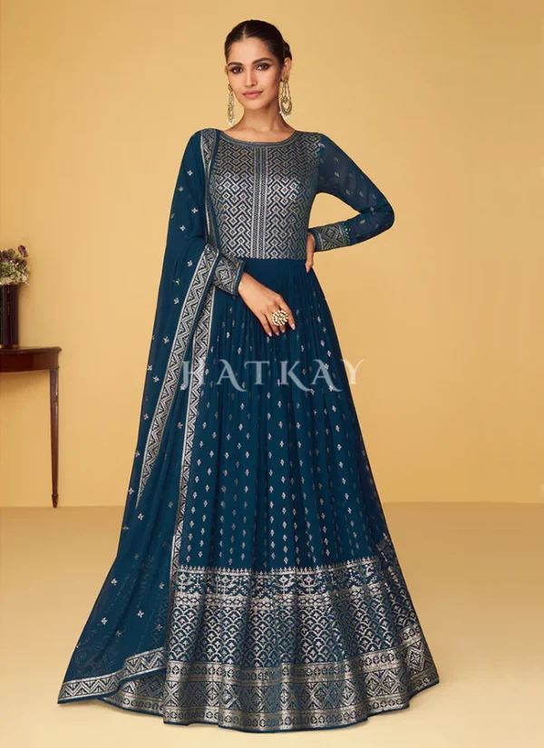 Turquoise Zari Embroidery Traditional Festive Anarkali Suit