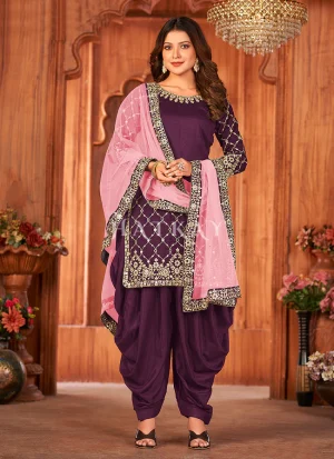 Wine And Pink Mirror Work Embroidery Patiala Suit