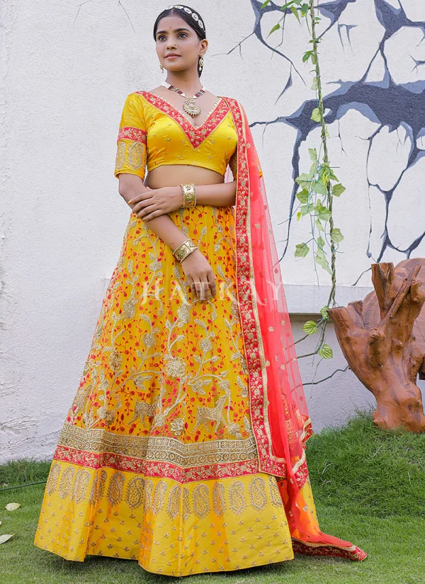 Yellow And Orange Multi Embroidery Silk Wedding Lehenga Choli
