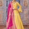 Yellow And Pink Embroidered Silk Anarkali Suit