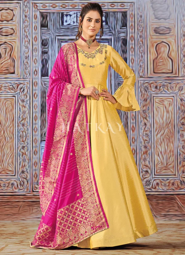 Yellow And Pink Embroidered Silk Anarkali Suit