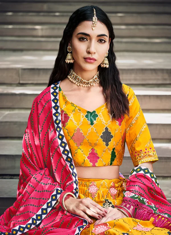 Yellow And Pink Multi Embroidery Silk Lehenga Choli