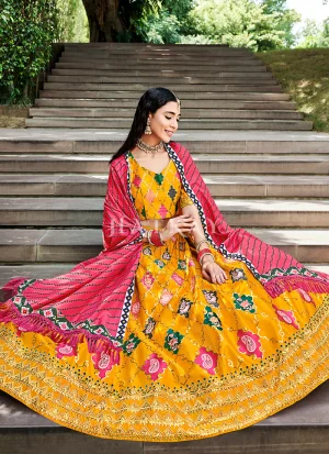 Yellow And Pink Multi Embroidery Silk Lehenga Choli