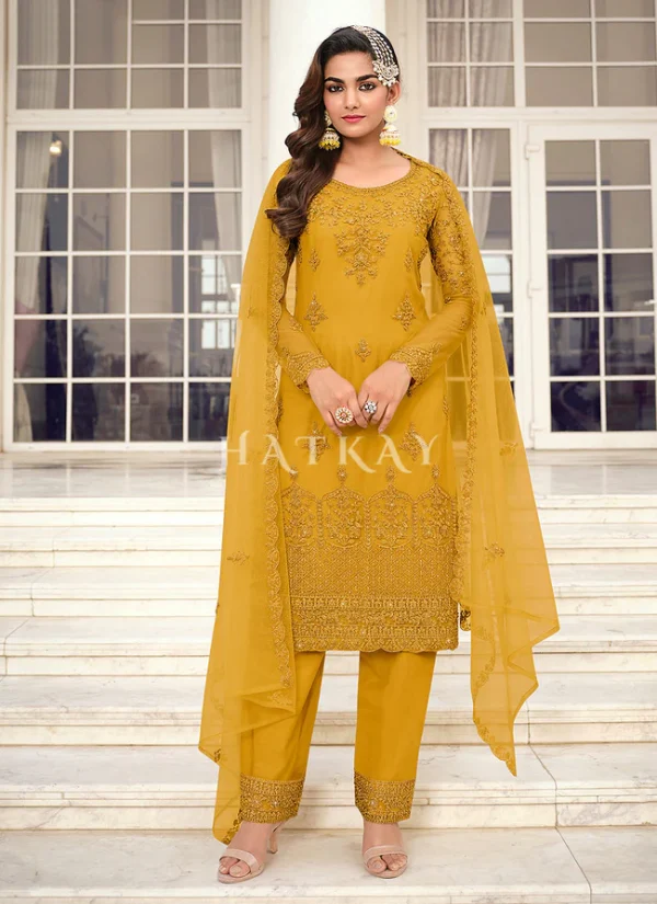 Yellow Embroidered Pakistani Pant Style Salwar Suit