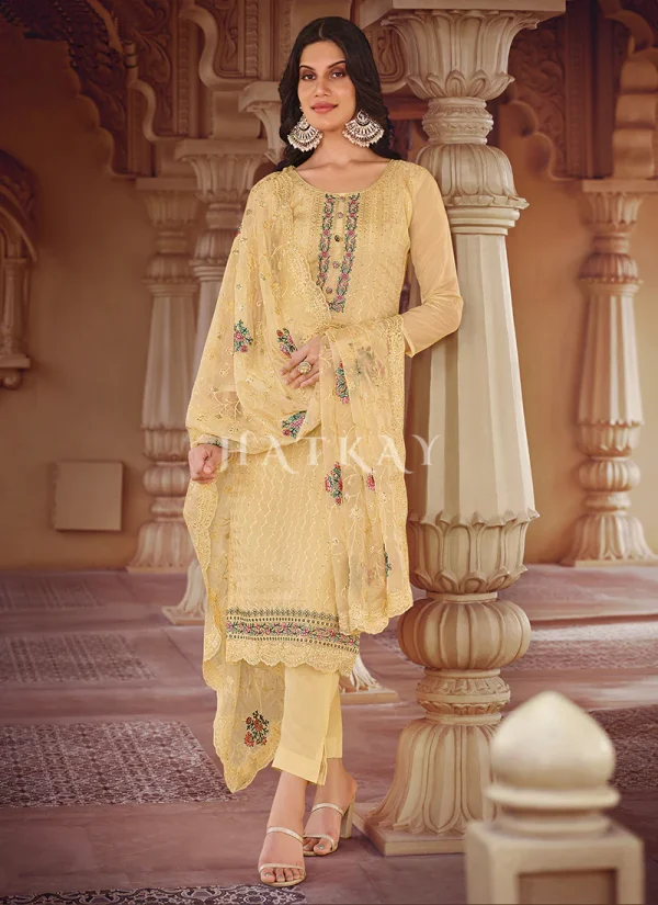 Yellow Embroidered Pakistani Pant Style Suit