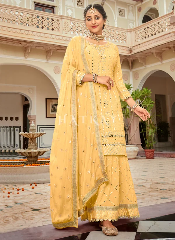 Yellow Mirror Work Embroidered Wedding Gharara Suit