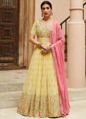 Yellow Multi Mirror Embroidery Georgette Anarkali Suit