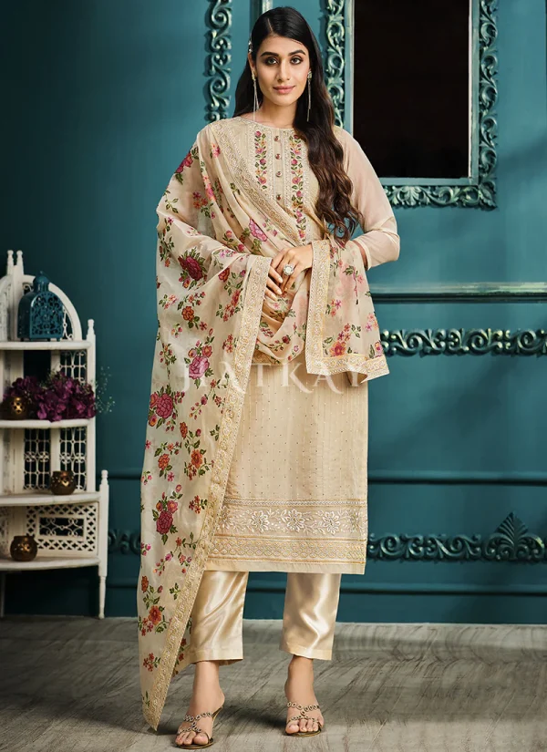 Beige Multi Embroidered Pakistani Pant Style Suit