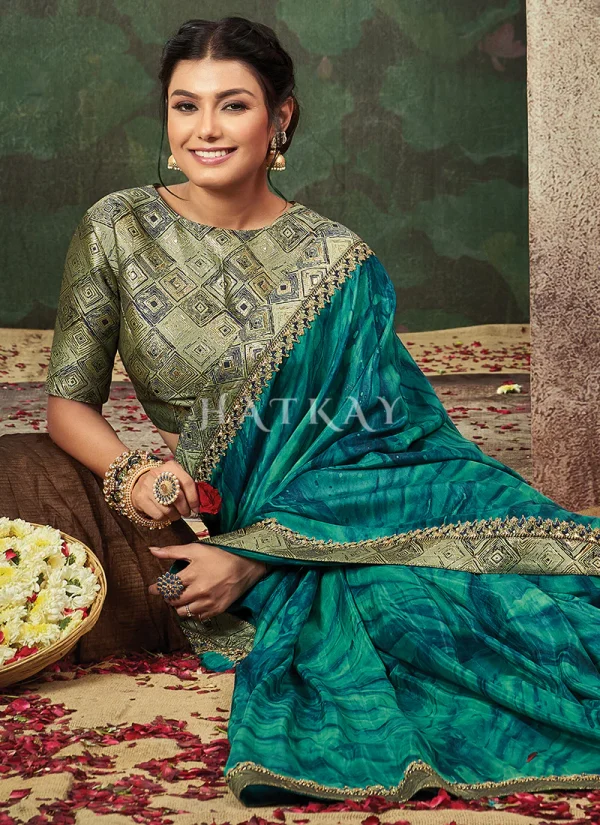 Aqua Blue Golden Embroidery Traditional Satin Silk Saree