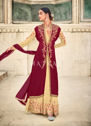Beige And Maroon Embroidered Jacket Style Anarkali Suit