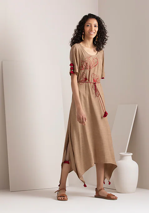 Beige Embroidered Belted High Low Dress