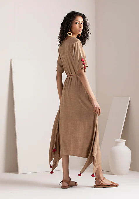 Beige Embroidered Belted High Low Dress