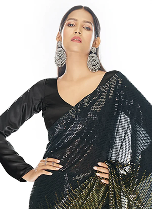 Black And Golden Sequence Embroidery Georgette Saree