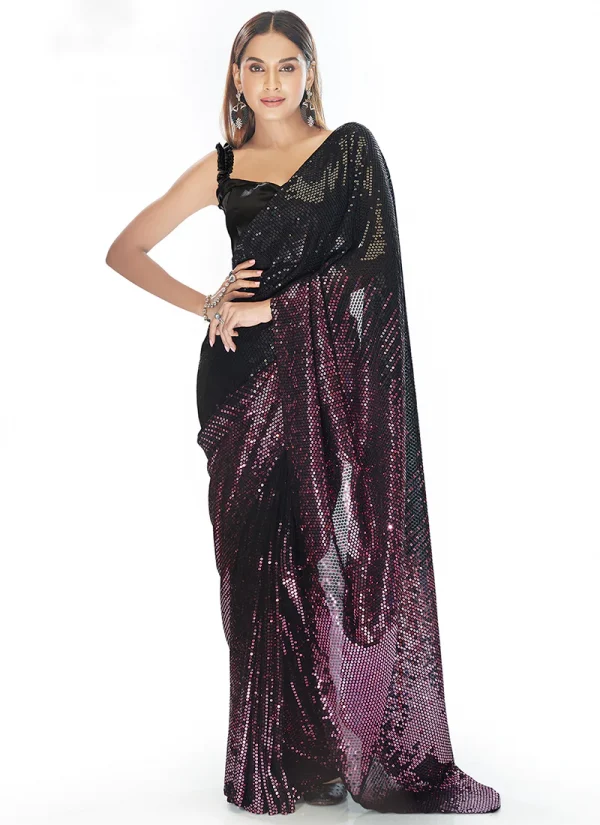 Black And Purple Sequence Embroidery Georgette Saree