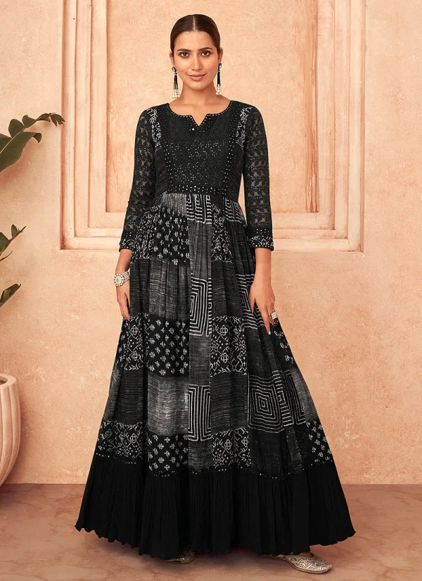 Black And White Sequence Embroidery Georgette Anarkali Gown
