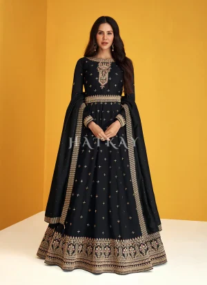 Black Embroidered Silk Traditional Anarkali Suit