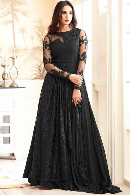 Black Georgette Anarkali Suit With Resham Work 1