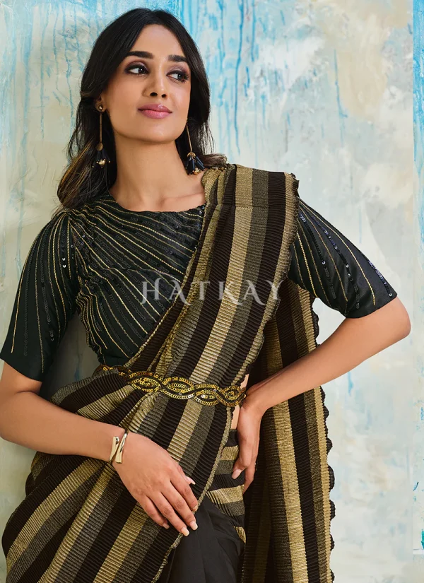 Black Golden Zari Embroidery Designer Silk Saree