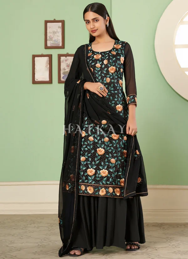 Black Multi Embroidery Georgette Palazzo Suit