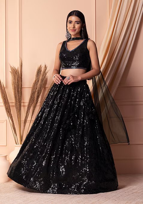 Black Tonal Sequin Embroidered Lehenga Set With Blouse And Dupatta