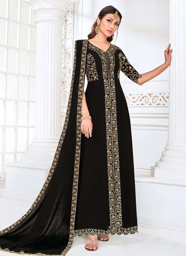 Black Traditional Zari Embroidered Slit Style Pant Suit