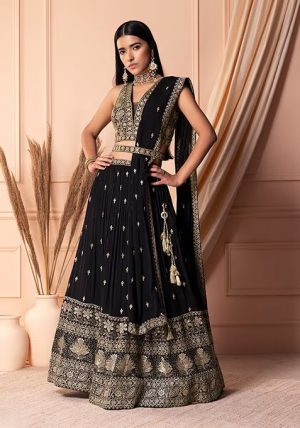 Black Zari And Sequin Embroidered Lehenga Set With Blouse And Dupatta And Belt