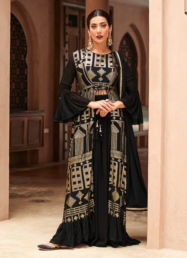 Black Sequence Embroidered Jacket Style Palazzo Suit