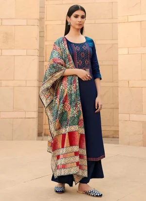 Blue Embroidered Cotton Palazzo Suit