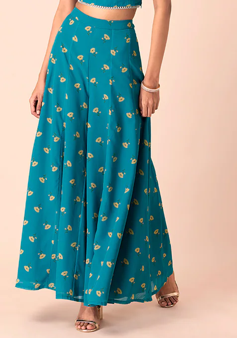Blue Floral Flared Palazzo Pants