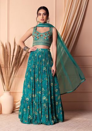 Blue Floral Print And Embroidered Tiered Lehenga Set With Blouse And Dupatta