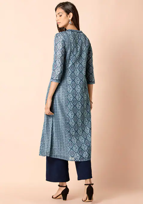 Blue Mughal Printed Shirt Kurta