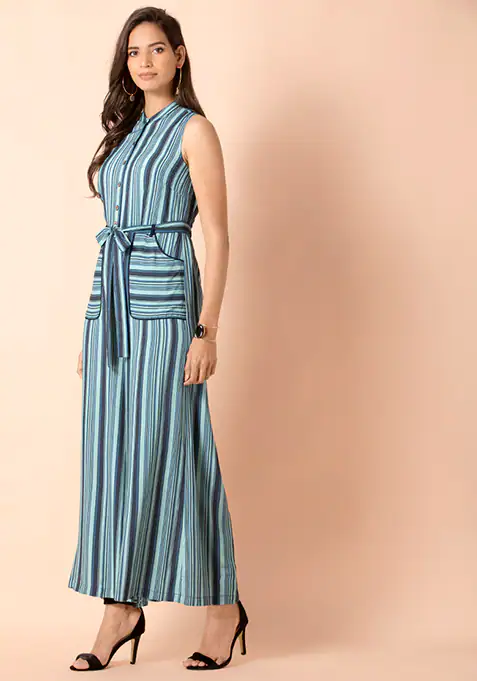 Blue Striped Belted Flared Jumpsuit with Pockets