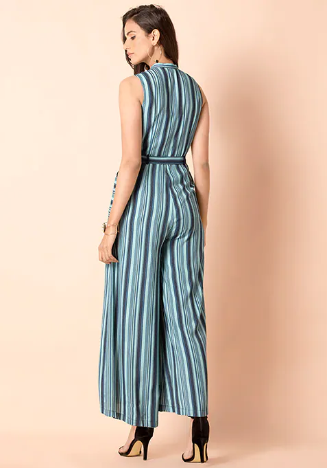 Blue Striped Belted Flared Jumpsuit with Pockets