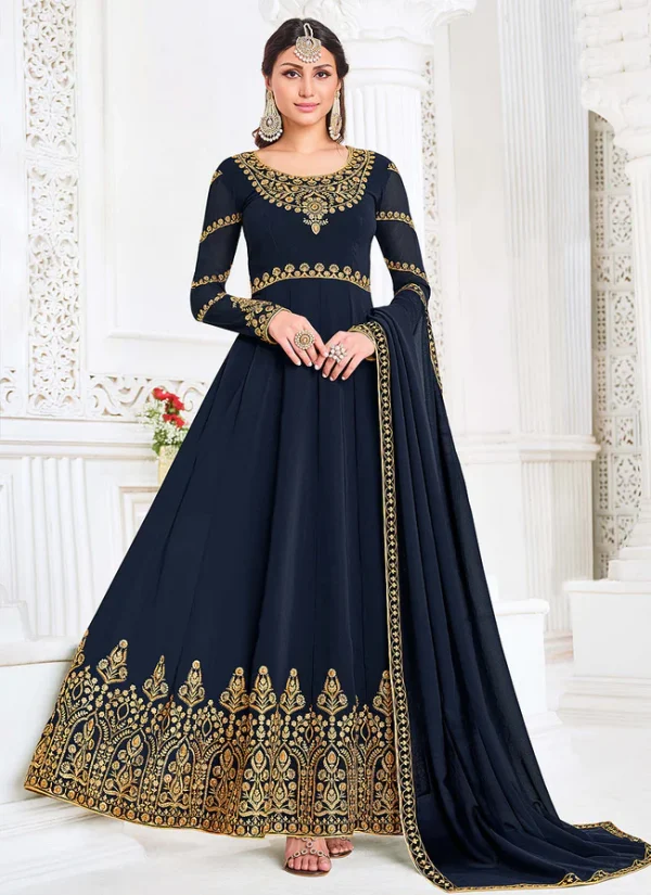 Blue Traditional Zari Embroidered Slit Style Pant Suit