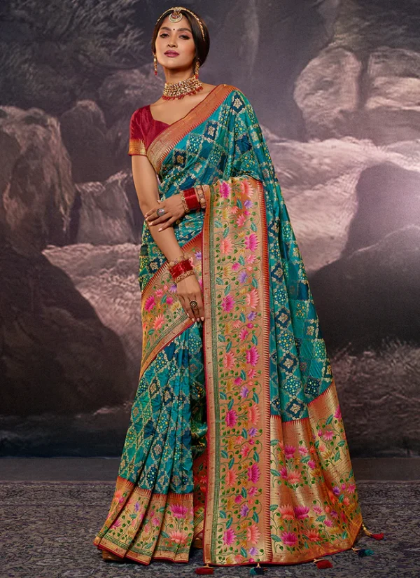 Blue Weaved And Printed Traditional Jacquard Silk Saree