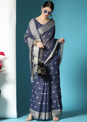 Blue Woven Saree In Cotton & Blouse 1
