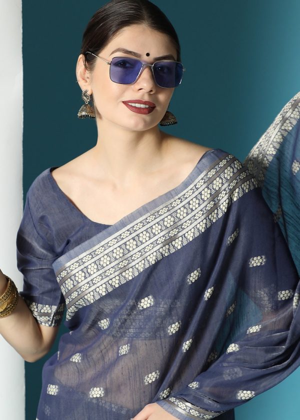 Blue Woven Saree In Cotton & Blouse 2