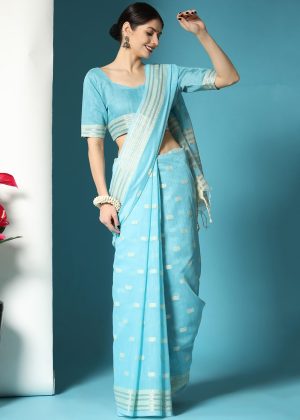 Blue Woven Saree In Cotton & Blouse 3