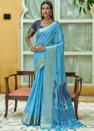 Blue Zari Woven Saree In Cotton