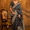 Bluish Black Zari Handloom Weaved Traditional Silk Saree