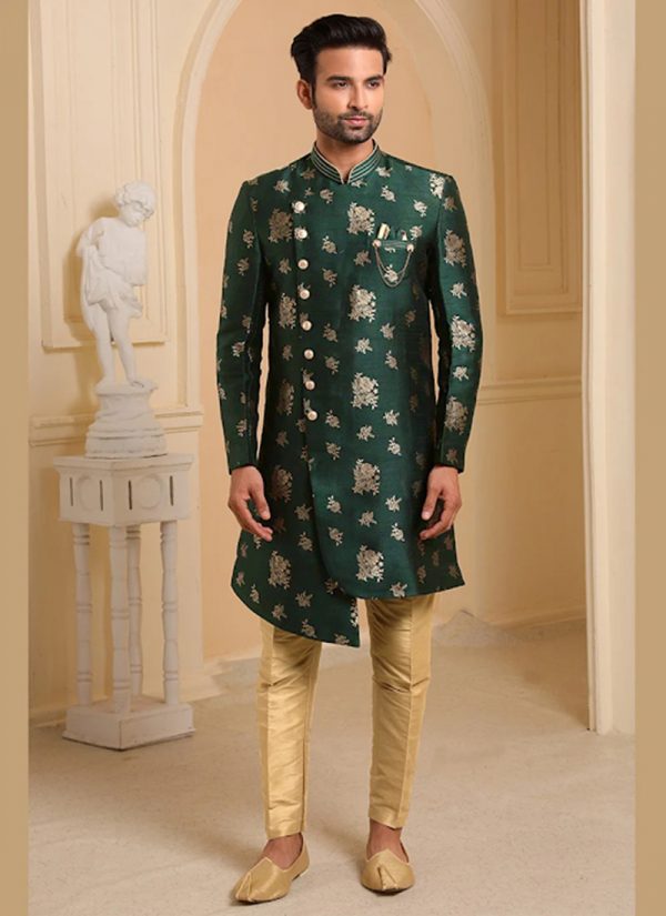 Bottle Green Jacquard Silk Brocade Indowestern Sherwani Wedding Wear