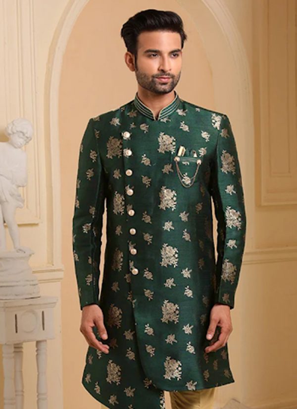 Bottle Green Jacquard Silk Brocade Indowestern Sherwani Wedding Wear